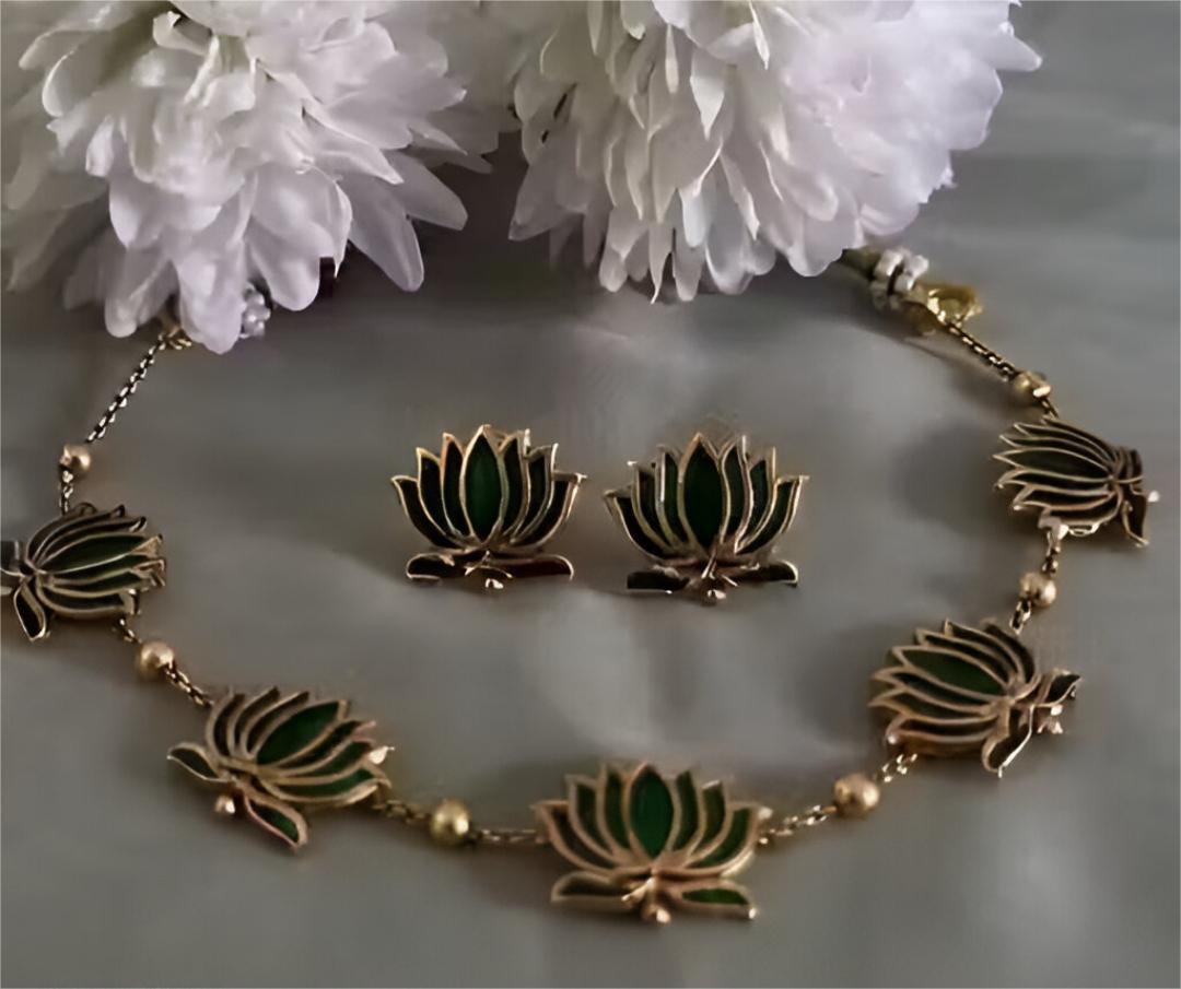 LOTUS Flower Jewellery Set with Necklace and Earrings, Gold-Plated, Enamel Work | Choker with MEarrings | Gold Plated Ethnic Jewellery