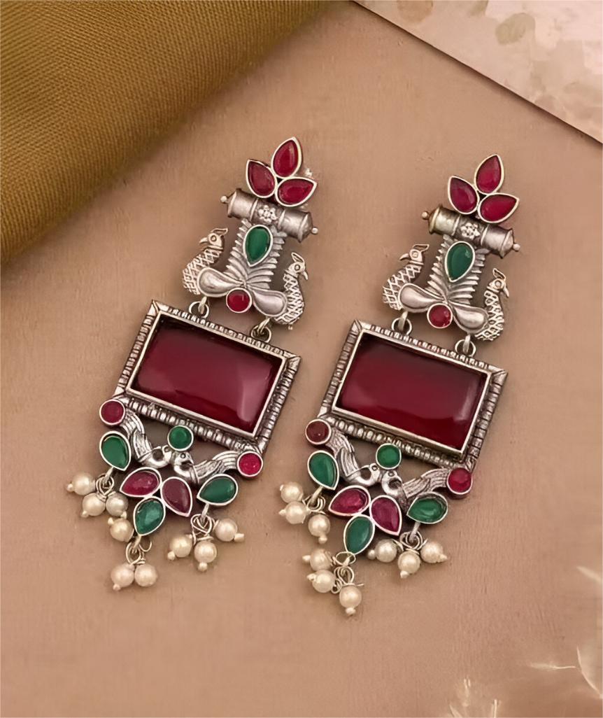 Handcrafted Oxidised Silver Alloy Peacock Chandelier Earrings with Stone & Pearl Detailing