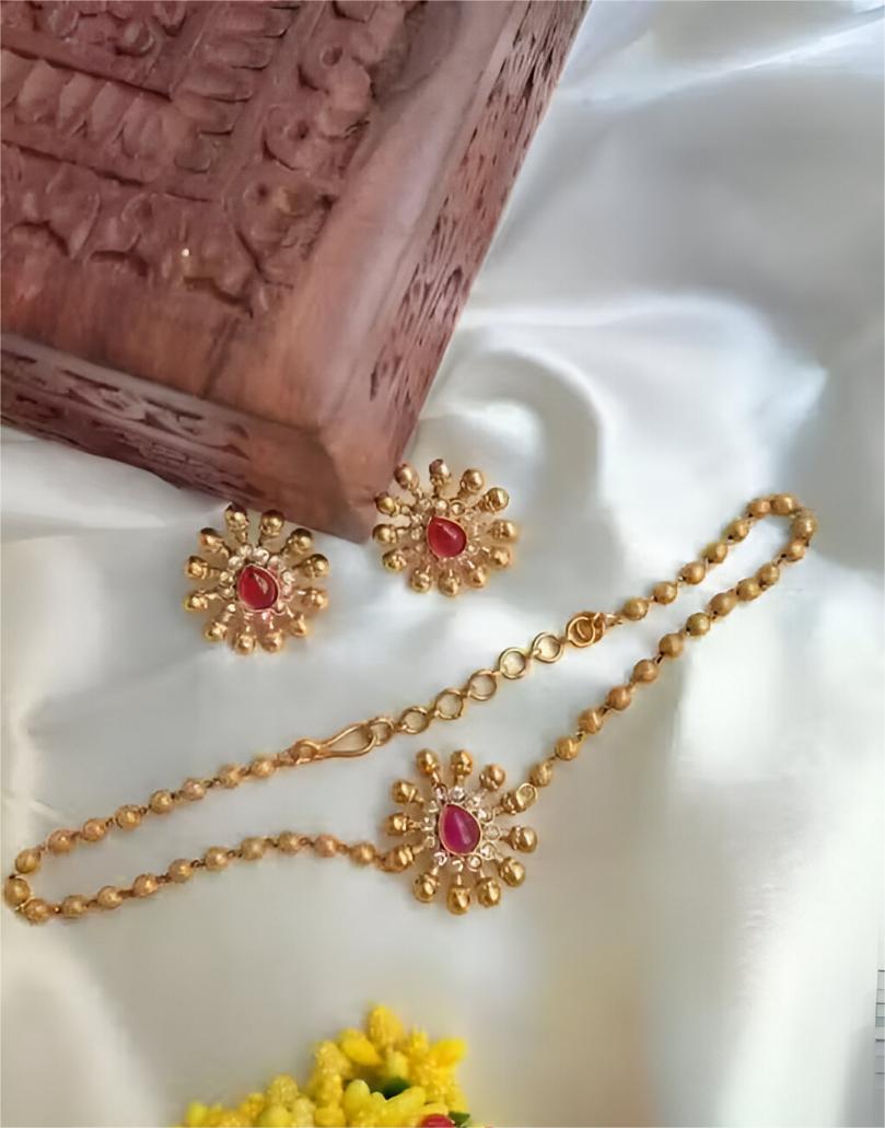 Matte Gold South Indian Temple Chain Pendant Necklace Set