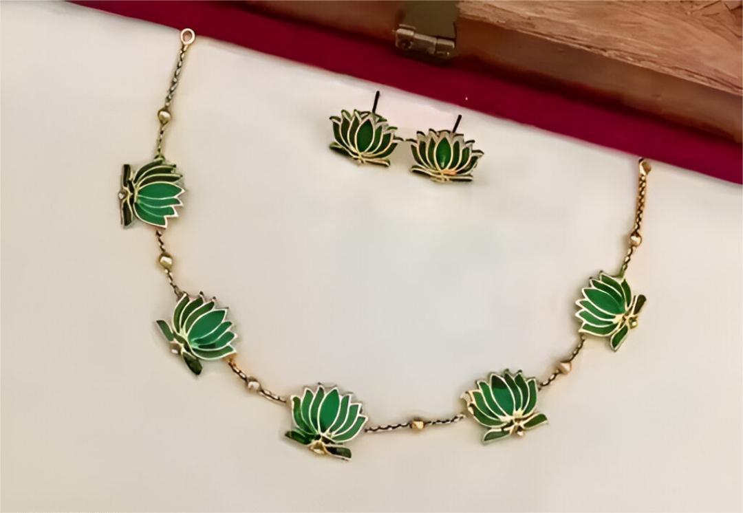 LOTUS Flower Jewellery Set with Necklace and Earrings, Gold-Plated, Enamel Work | Choker with MEarrings | Gold Plated Ethnic Jewellery
