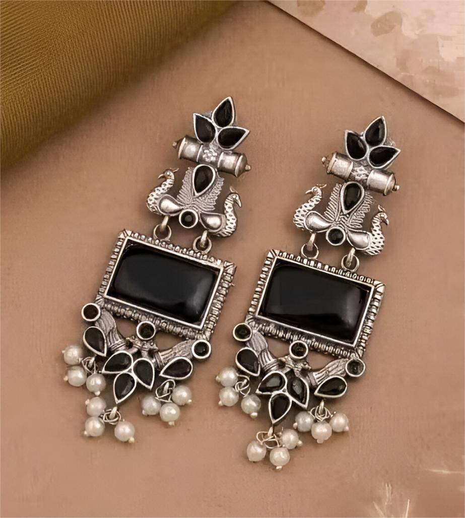 Handcrafted Oxidised Silver Alloy Peacock Chandelier Earrings with Stone & Pearl Detailing