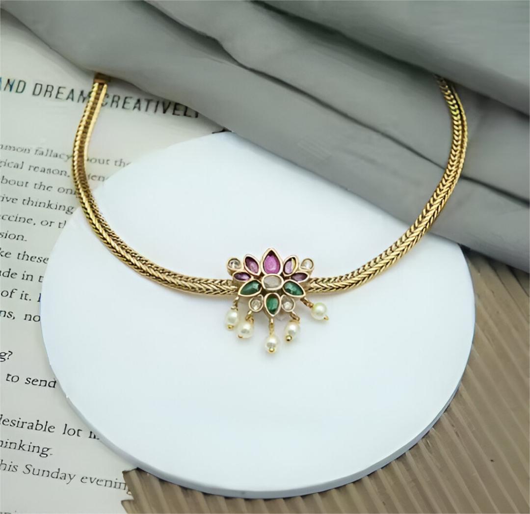 The Ray International Fancy Gold Plated Traditional Artificial Earrings Necklace Jewellery Set with Gemstones Pearls Set for Women's and Girl's