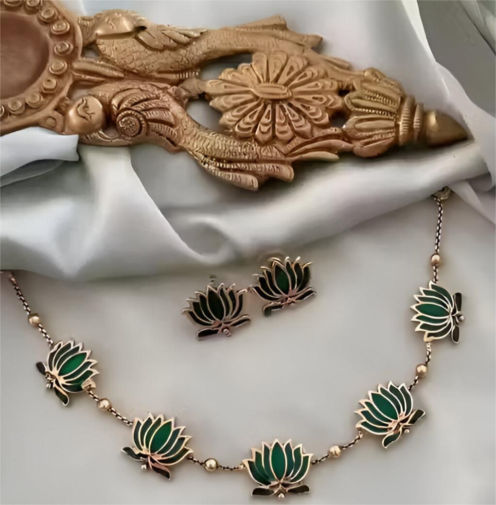 LOTUS Flower Jewellery Set with Necklace and Earrings, Gold-Plated, Enamel Work | Choker with MEarrings | Gold Plated Ethnic Jewellery