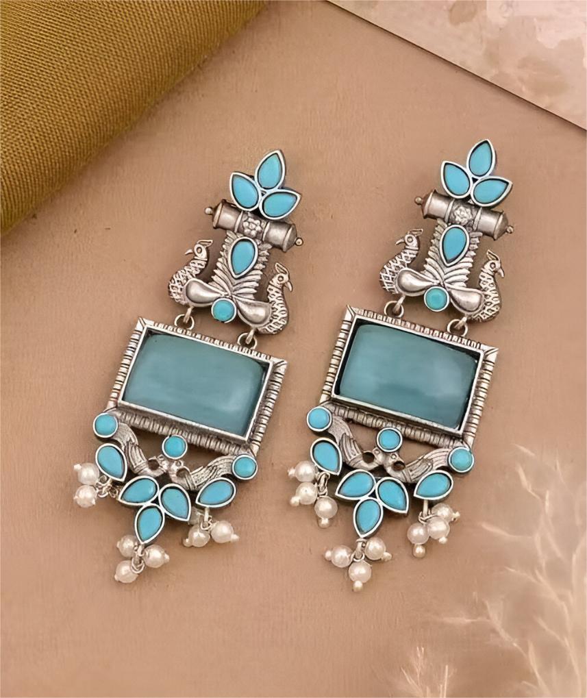 Handcrafted Oxidised Silver Alloy Peacock Chandelier Earrings with Stone & Pearl Detailing