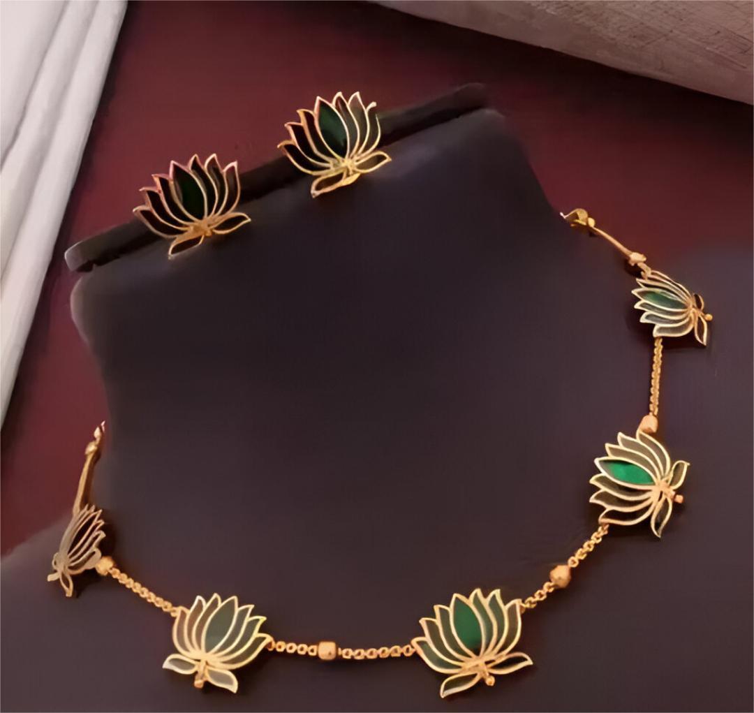 LOTUS Flower Jewellery Set with Necklace and Earrings, Gold-Plated, Enamel Work | Choker with MEarrings | Gold Plated Ethnic Jewellery