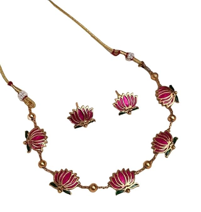 LOTUS Flower Jewellery Set with Necklace and Earrings, Gold-Plated, Enamel Work | Choker with MEarrings | Gold Plated Ethnic Jewellery