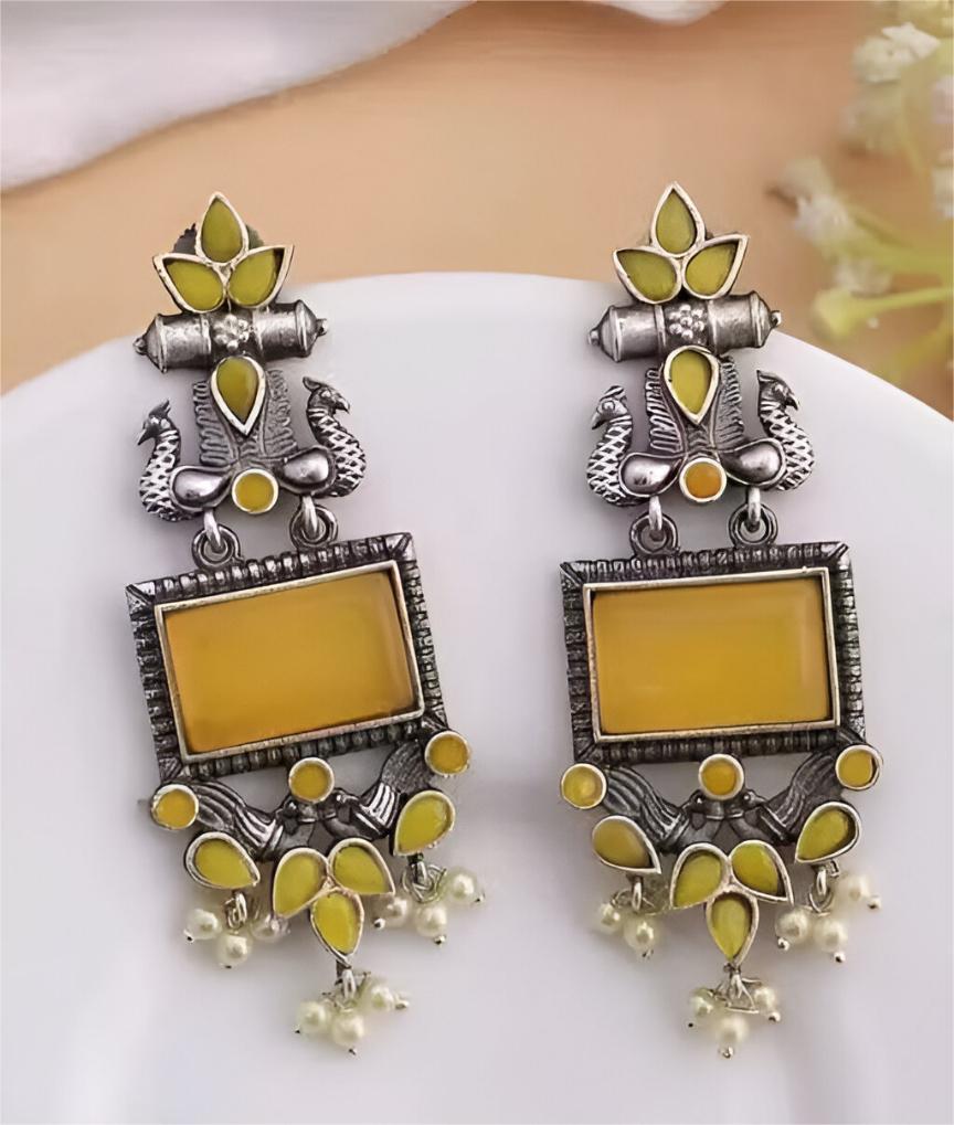 Handcrafted Oxidised Silver Alloy Peacock Chandelier Earrings with Stone & Pearl Detailing