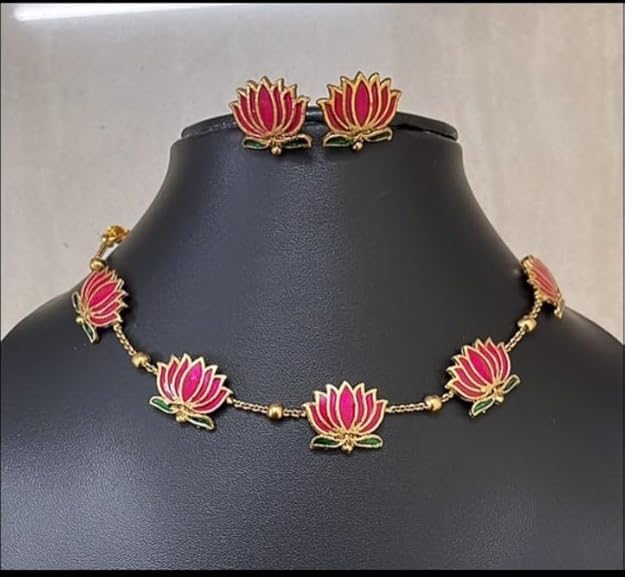 LOTUS Flower Jewellery Set with Necklace and Earrings, Gold-Plated, Enamel Work | Choker with MEarrings | Gold Plated Ethnic Jewellery
