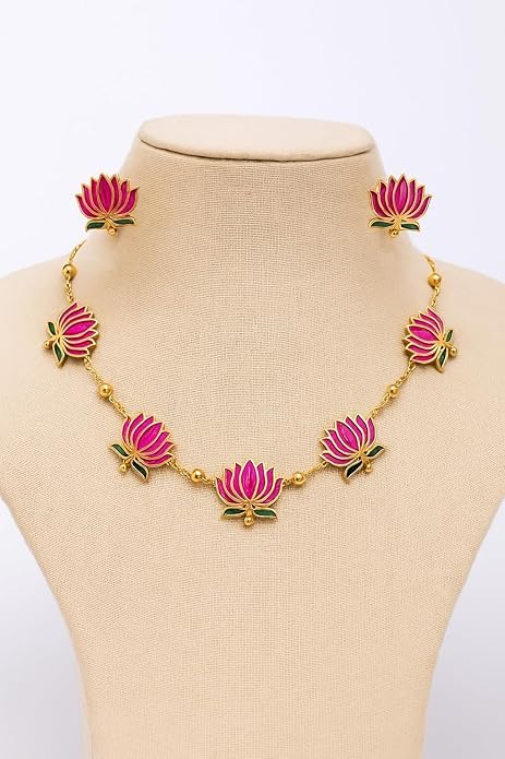 LOTUS Flower Jewellery Set with Necklace and Earrings, Gold-Plated, Enamel Work | Choker with MEarrings | Gold Plated Ethnic Jewellery