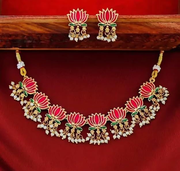 Bridal Lotus Choker Necklace Set with Pearl Drops – Traditional Festive Jewelry for Women.Handcrafted lotus motifs with pearl danglers