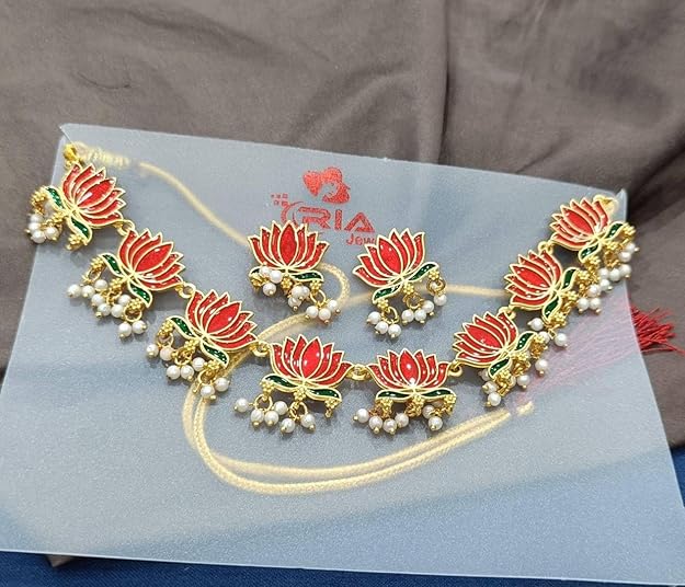 Bridal Lotus Choker Necklace Set with Pearl Drops – Traditional Festive Jewelry for Women.Handcrafted lotus motifs with pearl danglers