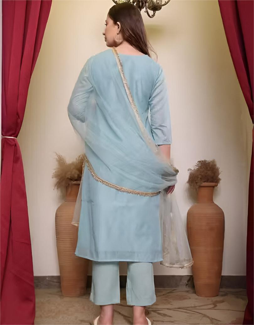 chandheri silk embroiderd kurti set with net duppatta