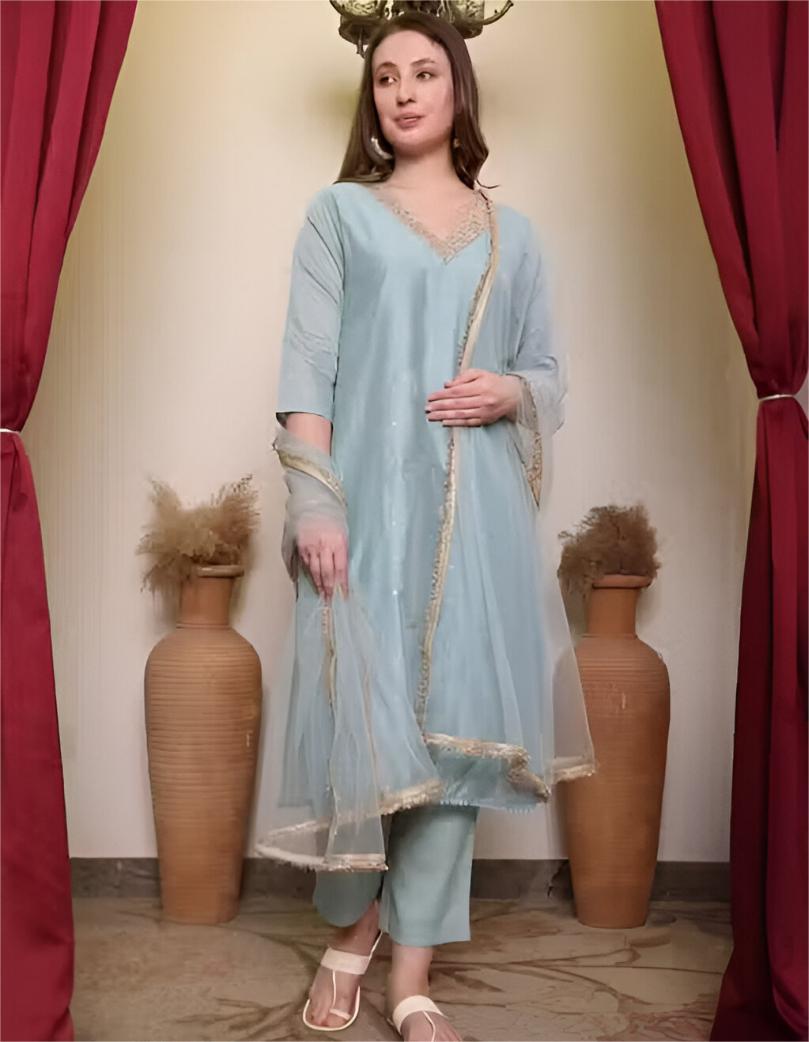 chandheri silk embroiderd kurti set with net duppatta