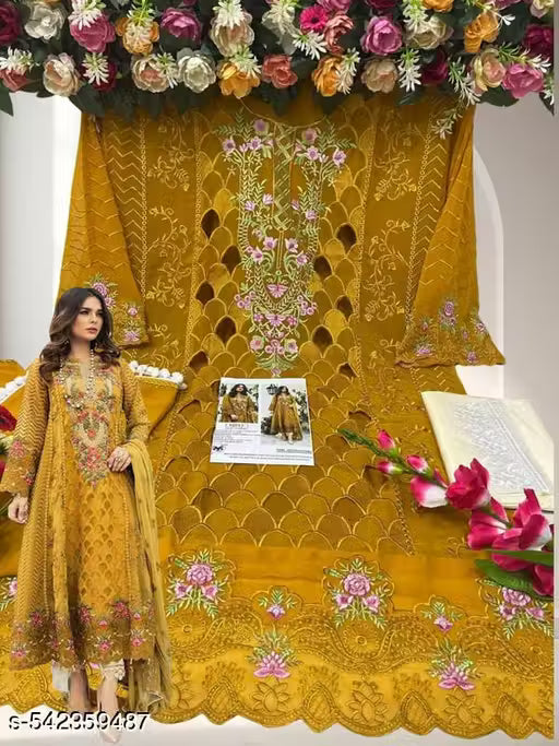 semi stitched yellow Women's Wear Stylish Heavy Fox Georgette Casual Wear Salwar Suit