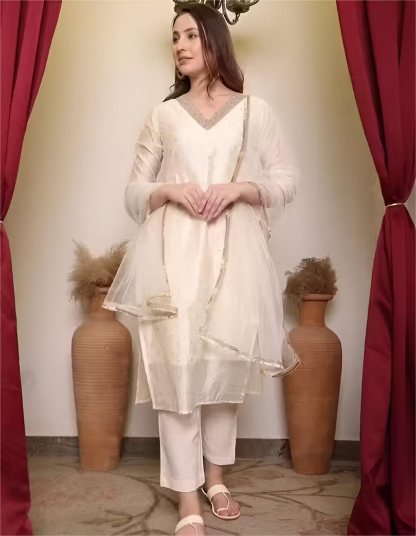 chandheri silk embroiderd kurti set with net duppatta