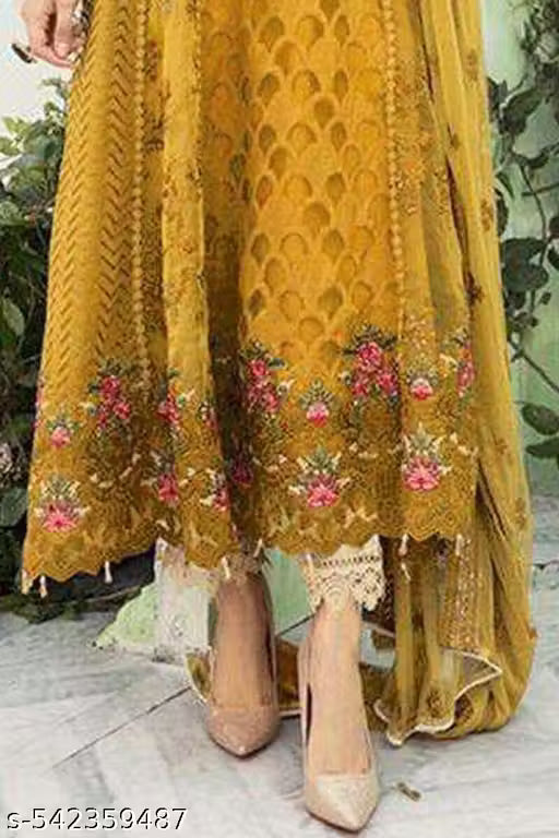 semi stitched yellow Women's Wear Stylish Heavy Fox Georgette Casual Wear Salwar Suit