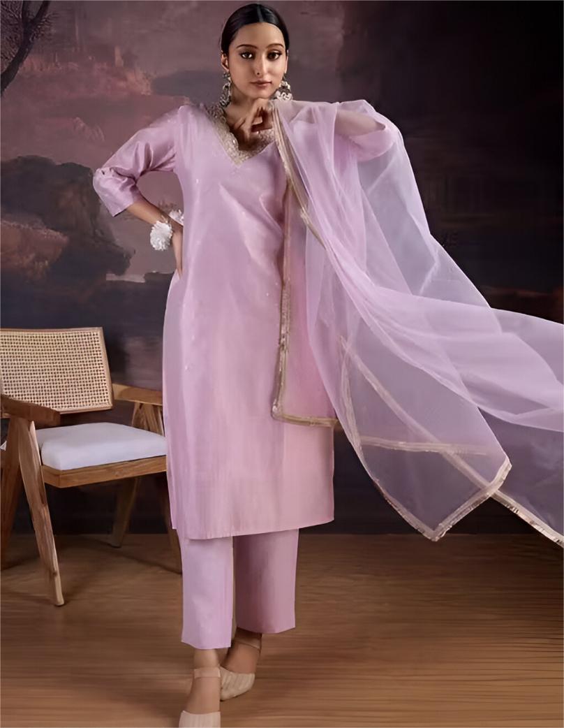 chandheri silk embroiderd kurti set with net duppatta