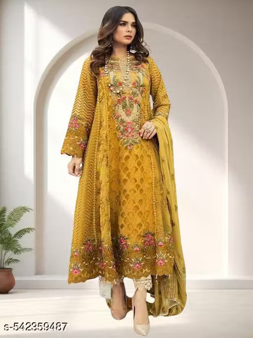 semi stitched yellow Women's Wear Stylish Heavy Fox Georgette Casual Wear Salwar Suit