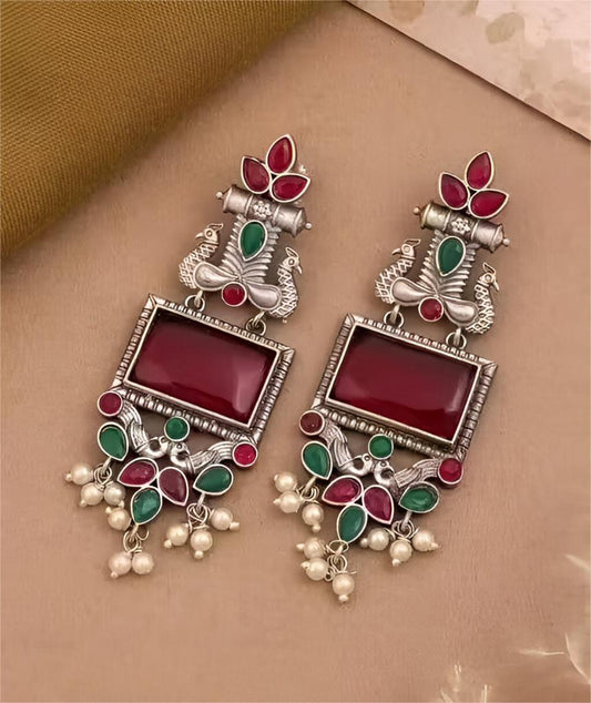 Handcrafted Oxidised Silver Alloy Peacock Chandelier Earrings with Stone & Pearl Detailing