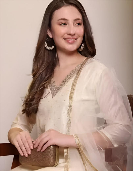 chandheri silk embroiderd kurti set with net duppatta