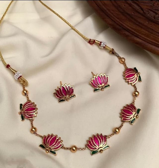 LOTUS Flower Jewellery Set with Necklace and Earrings, Gold-Plated, Enamel Work | Choker with MEarrings | Gold Plated Ethnic Jewellery