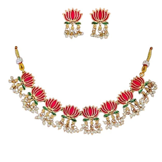 Bridal Lotus Choker Necklace Set with Pearl Drops – Traditional Festive Jewelry for Women.Handcrafted lotus motifs with pearl danglers
